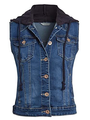 SS7 Womens Denim Gilet Stretch Dark Blue Waistcoat with Detachable Hood