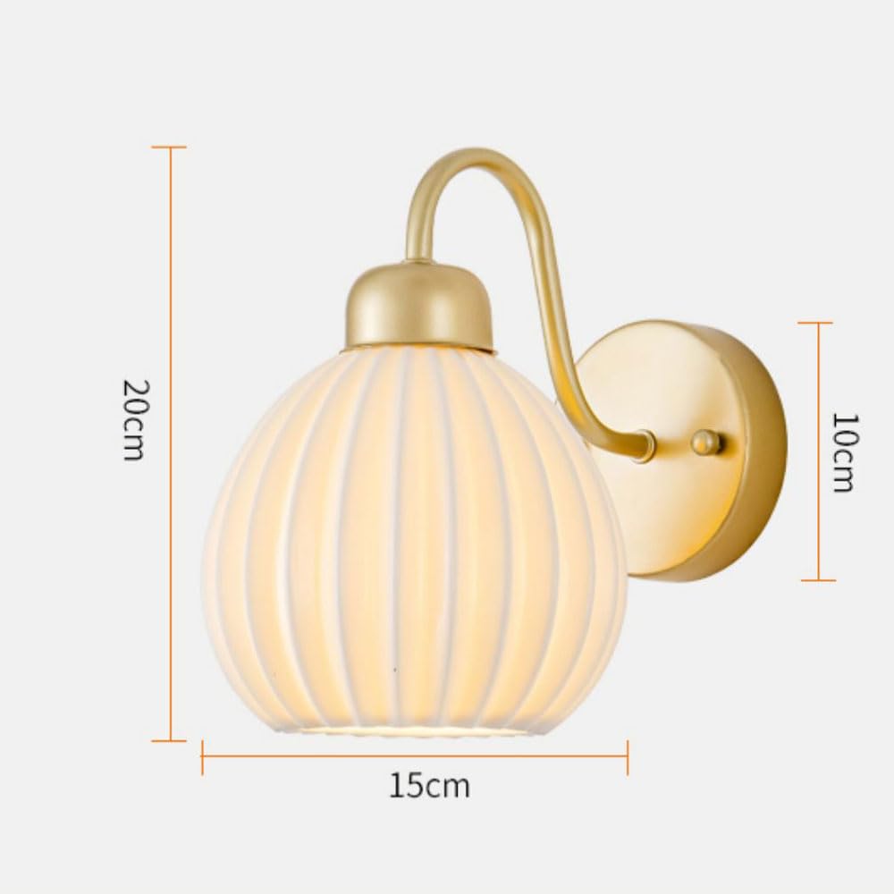 Applique da Parete Dorata, Luce nordica da Comodino con Paralume in Ceramica, Lampada Moderna Bianca E27 a Cablaggio Fisso, apparecchio di Illuminazione per la Decorazione della ca