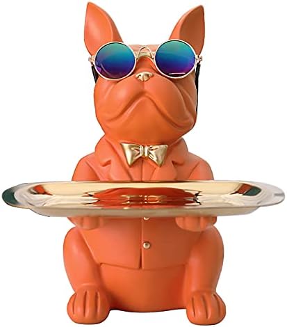 Vinbcorw French bulldog figure with tray stainless steel,Table decoration sculpture decoration, key bowl statue small parts, container, fruit bowl, key candy organizer,Black,G