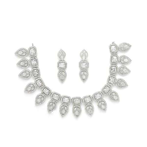 ZENEME Jewellery Set Leaf Style AD/American Diamond Rectangle Shaped Studded Rose Gold Plated Handcrafted Circle Necklace Set for Women & Girls