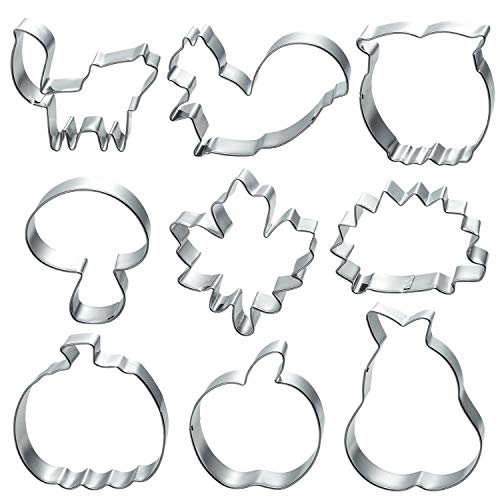 Lot de 9 emporte-pièces en forme de hérisson, de pomme, de poire, de renard, de champignon, de citrouille, d'écureuil, de feuille d'érable, de chouette Cover