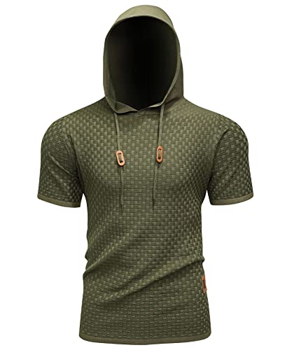 Zaitun Men's Short Sleeve Hoodie Shirt Casual Waffle Knitted Pullover Sweater Army Green #TOP1