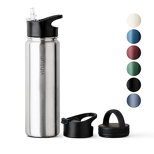 Vinsun Edelstahl Trinkflasche 750ml - 3 Deckel - auslaufsicher, Kohlensäure geeignet, BPA frei - Thermosflasche Sport, Outdoor, Schule, Uni, Fahrrad, Büro, Gym