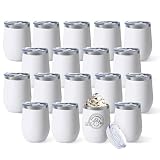 YOUKE OLA 18 Pack Stainless Steel Wine Tumbler with lid, 12oz Insulated Powder Coated Wine Tumbler Stemless Double Wall Vacuum Wine Glass Coffee Tumbler Bulk for Laser Engrave, DIY Gift, White