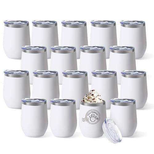 YOUKE OLA 18 Pack Stainless Steel Wine Tumbler with lid 12oz Insulated Powder Coated Wine Tumbler Stemless Double Wall Vacuum Wine Glass Coffee Tumbler Bulk for Laser Engrave DIY Gift White