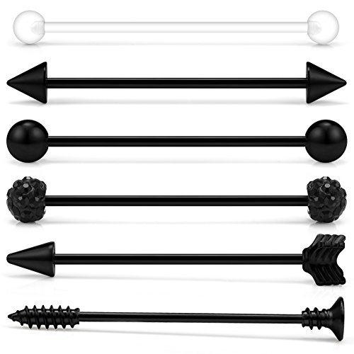 Ruifan 6Pcs 14 Gauge Spike Ball Arrow Screw Crystal Clear Ball Industrial Barbell Cartilage Earring Body Piercing Jewelry 1 1/2Inch (38Mm) - Black #TOP23