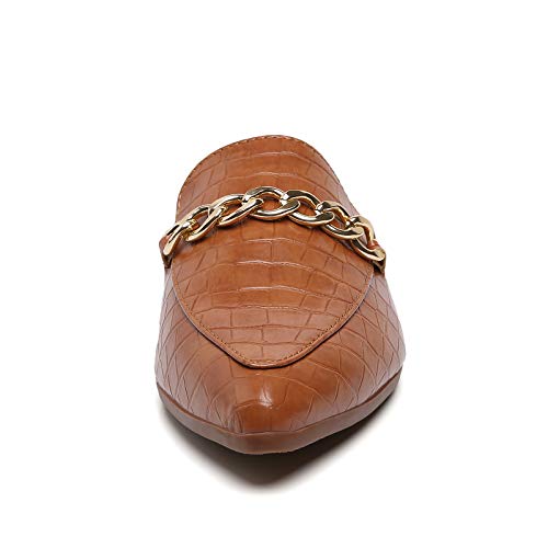 Tilocow Pointed Toe Mules For Women Fashion Brown/Cognac Buckle Flat Mules And Slides Slip On Shoes Ladies Metal Chain Decor Loafers, Medium, Size 8.5 #TOP1