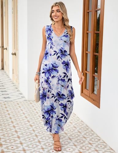 Image of JollieLovin Women Plus Size Summer Tank Maxi Dresses Sleeveless Causal V Neck Beach Long Dresses Swim Cover up (L-5X)