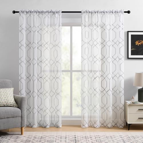 Geometric Sheer Curtains 84 Inches Long Gray Hexagonal Embroidered Sheer