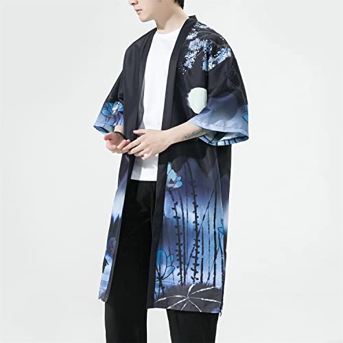 Image of Seidarise Men's Haori, Long Kimono Cardigan Jacket Japanese Style Flying Crane Seven Sleeves Open Front Coat