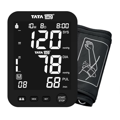 Tata 1mg Wide Screen Blood Pressure Monitor | High Accuracy | Irregular Heartbeat Detection | Large Backlit Display | Universal Cuff | 2-User, 180 Memory | USB-C & Battery | Gold Chip Microcontroller- Black