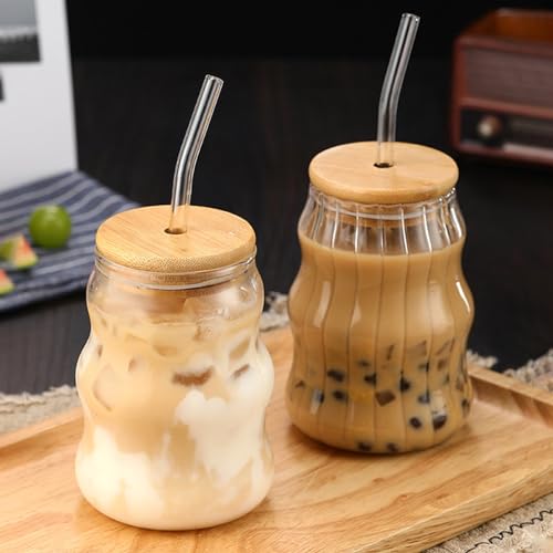 Neegaurd Lot de 2 verres à bulles de 530 ml, verres à boire créatifs à parois cannelées avec couvercle en bambou et paille, verres à latte macchiato cannelés pour cappuccino, ensemble de verres à café