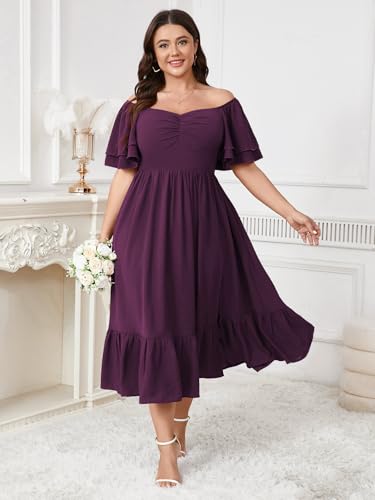 Image of SCOMCHIC Womens Plus Size Wedding Guest Cocktail Dresses Sweetheart Neckline Short Sleeve Smocked Ruffle Slit Maxi Dress