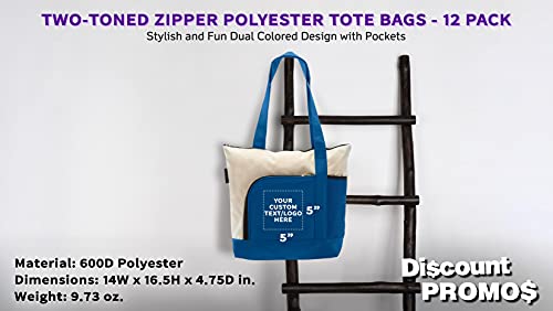 DISCOUNT PROMOS 12 Zipper Polyester Tote Bags Set - Customizable Text, Logo - Two-tone, Zipper Closure, Pen Loop - Blue4