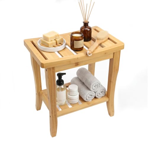 BAMBOO LAND- Bamboo Shower Bench with Storage Shelf, Natural
