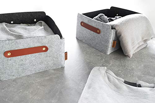 Miqio® Design Aufbewahrungsbox aus Filz mit Ledergriff | hochwertiger Korb aus Filz | Filzbox mit Echtleder Griffen | Regalkorb | hellgrau | Filzkorb 4er Set