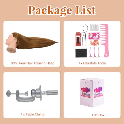 28Inch 60% Real Hair Mannequin Head,Doll Head for Hair Styling Braiding Curling,Cosmetology Mannequin Head with Hair with Table Clamp Hair Styling Set(Blonde) - Thumbnail 5