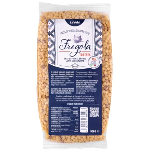 La Vela Fregola Tostata Trafilatura al Bronzo 500g Traditionelle Nudel-Spezialität hergestellt in Sardinien aromatische Kugelpasta für sardische Küche Muschelgerichte & PastaRisotto