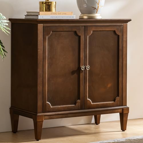Image of Accent Storage Cabinet with Adjustable Shelf, 2-Doors Transitional Sideboard Buffet with Solid Wood Legs & Vintage Metal Knobs for Living Room or Kitchen, Hallway, Walnut