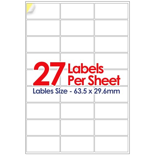YUNJU A4 Self Adhesive Address Labels, 27 Label Per Sheet, Multi-Purpose FBA 20 Sheets, 63.5 x 29.6mm 540 Labels