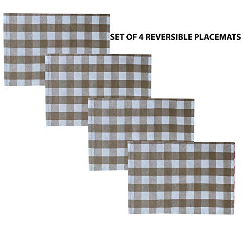 Newbridge Buffalo Check Rustic Indoor/Outdoor Cotton Placemats - Cottage Style Farmhouse Gingham Check Pattern Heavy Weight Cotton Weave Reversible Placemats - Set Of 4 Placemats, Taupe #TOP2