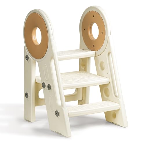 Image of Foldable 2-3 Step Toddler Stool for Bathroom Sink, Non-Slip Kids Helper, Potty Training Toilet Step, Adjustable Child Standing Stool, Ages 18 Months to 3 Years (Cream)