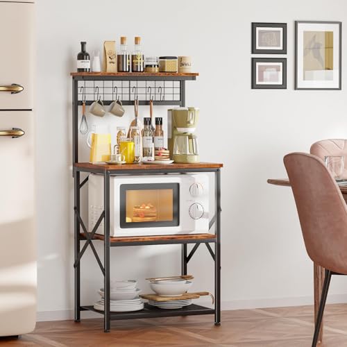Yanara Bakers Rack with LED Light, Small Microwave Stand with 4 Tier Shelves, Coffee Bar Station Table with 6 S Hooks, Kitchen Storage Rack for Spices, Pots, Rustic Brown