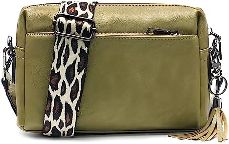 JANZORE Women CrossBody Bag Camera Handbag Shoulder Bag Small Multipurpose Vegan Leather Casual Fashion Cross body Bag Three Compartment Strap Wide Satchel with Tassel key Ring Gift Boxes
