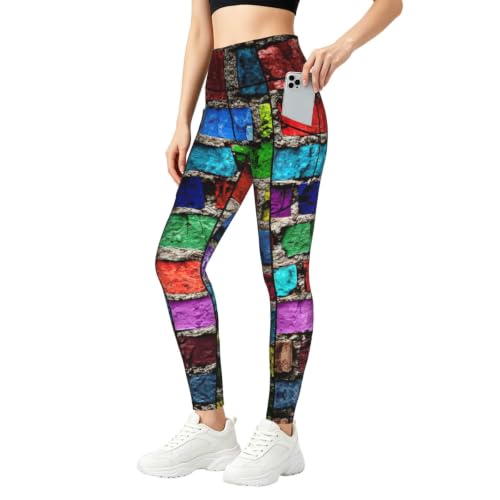 Pantalones de yoga con bolsillos y estampado de ladrillos coloridos para mujer