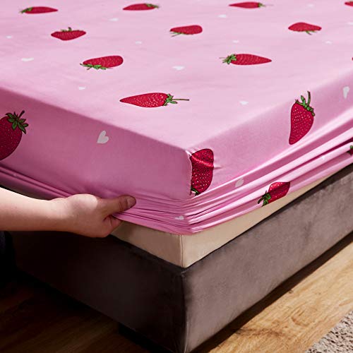 Lamejor Pink Bed Sheet Set Queen Size Kawaii Red Strawberry Pattern With 14” Deep Pockets 4 Piece - 1 Flat Sheet, 1 Fitted Sheet, 2 Pillow Cases #TOP3