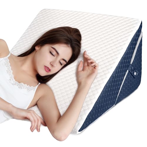 INFANZIA Bed Wedge Pillow, Folding Foam Triangle Pillow for Sleep Apnea, Acid Reflux, Snoring, Leg Elevation, Adjustable Back Support for Sitting Up in Bed, Incline Cushion for Sleeping (White&Blue)
