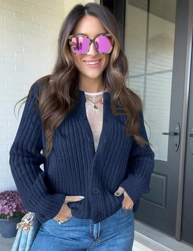 Image of COZYPOIN Women Chunky Cardigan Open Front Sweater Long Sleeve Knitted Cardigan Button Down Outerwear Knitwear Navy