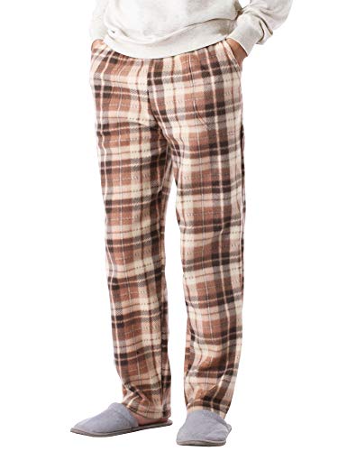 Mens Premium Plaid Pajama Pants Knit Fleece Christmas Bottom with Pockets (Medium, 1up09_Beige/Brown)
