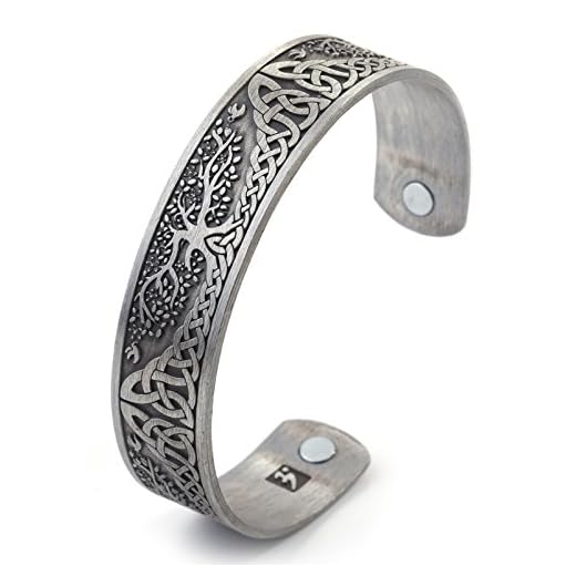 Viking Bracelet for Men Vintage Tree of Life Irish Knotwork Totem Health Care Magnetic Therapy Bangle Cuff Bracelet for Blood Circulation Reduce Stress Reduce Anxiety (Antique Silver)
