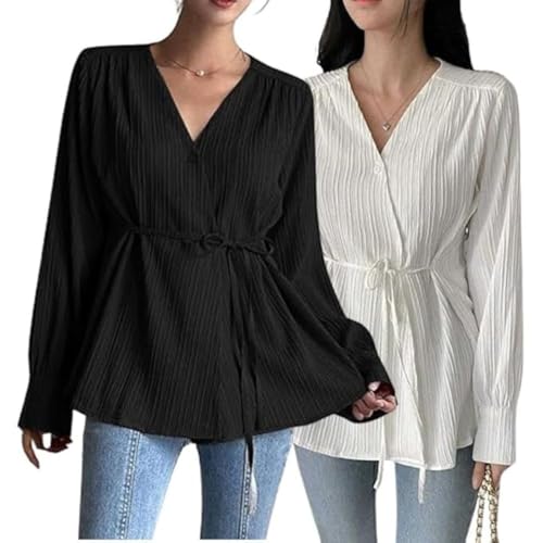 Image of Leriya Fashion Women's V-Neck Pleated Tunic Top - Long Sleeve Drawstring Waist Summer Blouse, Lightweight Casual Shirt for Office, Travel, Daily