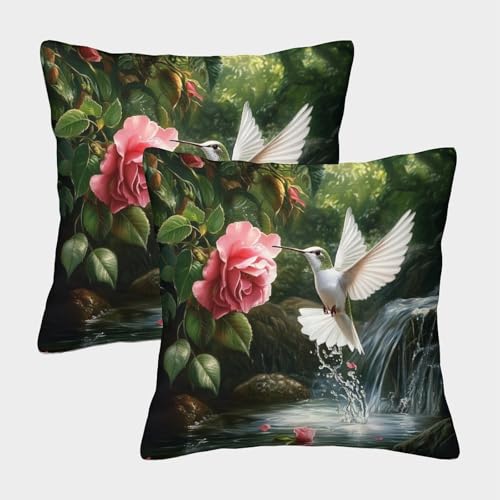 GXYUAOIEF Hummingbird Cushion Covers Set of 2 Flower Cushion Cases Square Pillowcases for Couch Sofa Bedroom with Invisible Zipper Modern Decorative 45x45cm