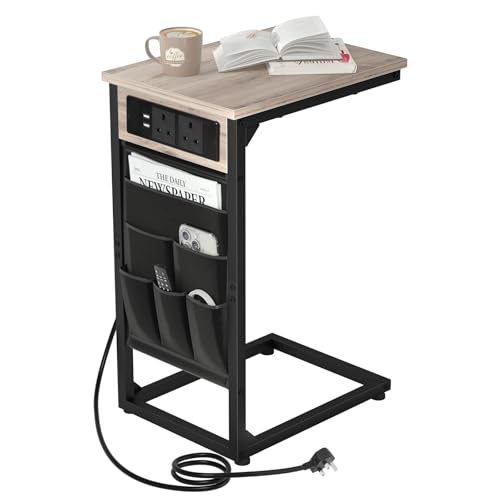 AMHANCIBLE C-Shaped Side Table with Charging Station, 2 USB & AC Outlets, Coffee Bedside Table with Cloth Storage Bag for Small Spaces, Sofa, Living Room, Bedroom, Grey HET04CGY-1