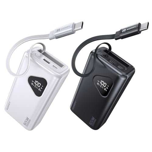 RORRY Laptop Power Bank, 25000mAh 65W Portable Laptop Charger Battery Bank PD Fast Charger Built in Retractable Cables, for iPhone 16/15 Series, MacBo