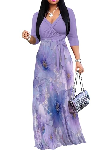 Image of Women's V Neck Floral Maxi Dress 3 /4 Sleeve Plus Size Boho Wrap Flowy Long Dresses with Belt