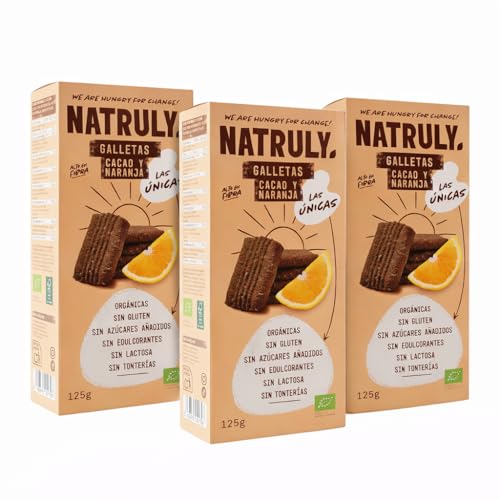 Pack 3 x Galletas con Cacao y Naranja Natruly Bio 125 g (375g en total) | Ecológicas, veganas y sin gluten | Con cacao y naranja natural, sin azúcares refinados ni aditivos