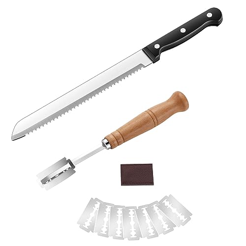 Pleafind Cuchillo Pan y Cuchillo de Panadero, Cuchillo Pan de Acero Inoxidable Dentado, Mango Ergonómico, Cuchillo para Masa con 8 Hojas de Navaja Cuchillo para Hacer Patrones de Masa de Pan DIY