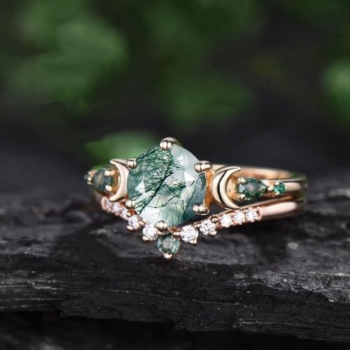 10K 14K 18K Rose Gold 2CT Round Natural Moss Agate Engagement Ring Set for Women 925 Sterling Silver 8mm Genuine Green Moss Agate Leaf Art Deco Bridal Wedding Ring Set (Size 4-15)2
