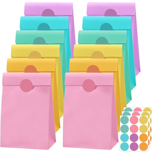 Nezyo 30 Pcs Pastel Paper Gift Bags with Stickers for Party 5.1 x 3.1 x 9.4 Inches Colorful Paper Party Favor Bag Wedding Birthday Candy Snack Sweet DIY Goodie Treat Anniversaries