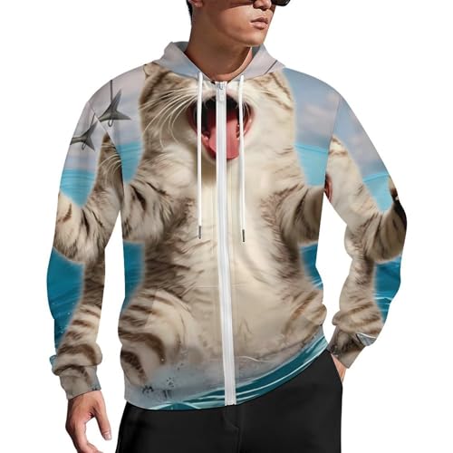Roaring Cat,Fish,Ocean Men's Hoodies Zippered Sweatshirt Long Sleeve Casual Hooded Jacket Style