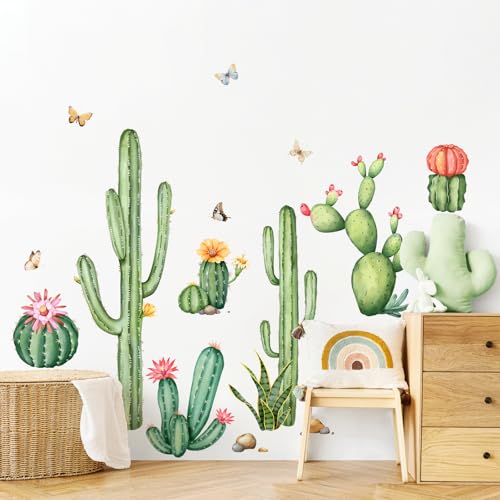 Tanlaby Pegatinas de Pared Decorativas Cactus Florecido y Mariposas Vinilos Decorativos Autoadhesivos Removibles para Salón Dormitorio Pasillo o Baño Estilo Boho Decoración de Pared