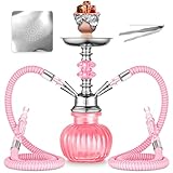 2 Hose Hookah Set With Everything - Mini Glass Pumpkin Shisha Vase, Hookah Foil (Pink)