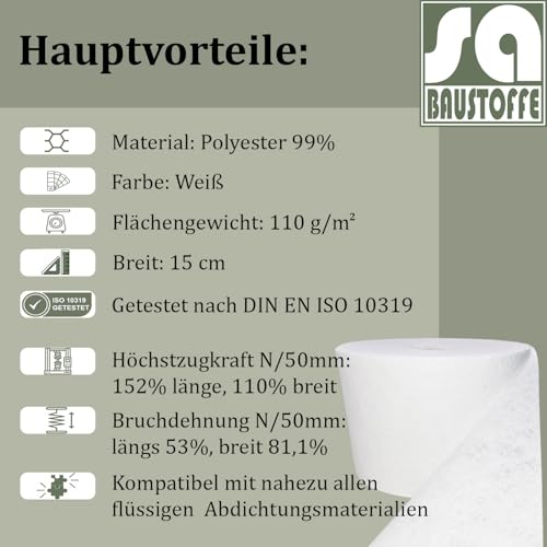 Spezialvlies für Dachabdichtung, Dachvlies, Vlies für Flüssigkunststoff, 110 g/m2, 0,15x50m, Stabilisierungsvlies, Bauvliesstoff zur Armierung von Flüssigabdichtung, Polyestervlies