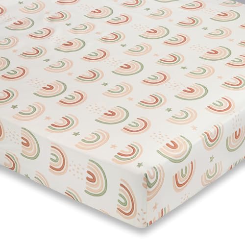 Image of Crane Baby 100% Cotton Breathable Fitted Baby and Toddler Sheet for Standard Mattress (28 X 52), Machine Washable Crib Boho Rainbow Boho Rainbow
