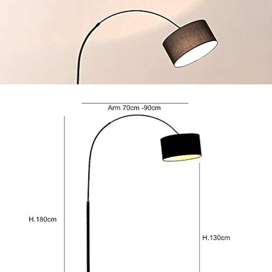 Image of Modern Adjustable Arc Floor Lamp with Fabric Drum Shade, Metal Standing Lamp for Living Room, Bedroom, Reading Corner, Sofa Side, 360 Rotating Head, Height Adjustable, E27 Holder, Black