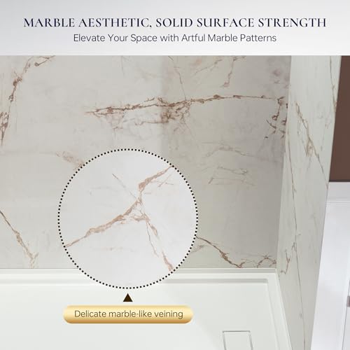 Image of Woodbridge 36 inch W x 96 inch H 3-Piece Solid Surface Tile Tub and Shower Wall Panel Surround Kit in Beige Marble with Soft Brown Veining, Quick Install and Trimmable, 3 /16 inch (5mm) Thick